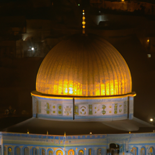 3. An iconic shot of the Dome of the Rock, illuminated at night. Its golden dome stands as a striking symbol of Jerusalem's diverse religious heritage.