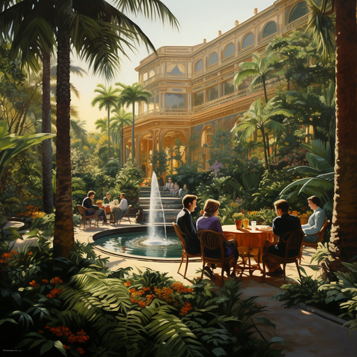 1. תמונה של הגנים השופעים המקיפים את מלון אמריקן קולוני, כשהאורחים נהנים מהקפה של הבוקר.