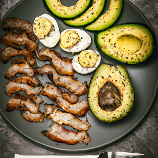 תמונה של ארוחה קטוגנית טיפוסית עם שומן גבוה, חלבון בינוני ופחמימות נמוכות
