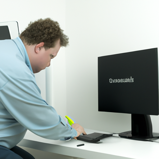 תמונה המציגה טכנאי מחשבים שמתקין תוכנה על שולחן עבודה.